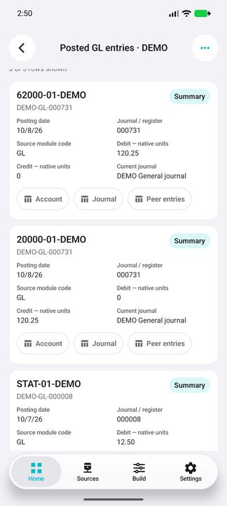 Complete first and second native posting cards: separate debit/credit and all three Account, Journal and Peer entries buttons. — Native Cifru DEMO, entirely fictional; representative scrollable dossiers. Not a real Sage/SQL Server test.