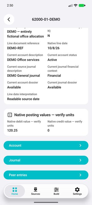 Own native debit 120.25 and credit 0, availability context and all three actual lazy dossier buttons. — Native Cifru DEMO, entirely fictional; representative scrollable dossiers. Not a real Sage/SQL Server test.