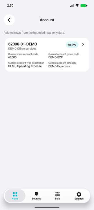 Actual current account card: formatted account, own expense type/category and main/group codes. — Native Cifru DEMO, entirely fictional; representative scrollable dossiers. Not a real Sage/SQL Server test.