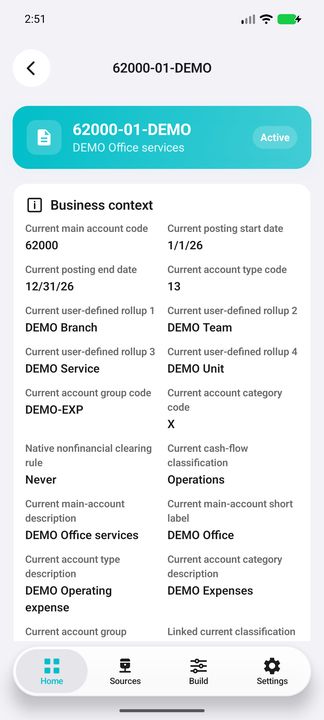 Current account dossier: posting date bounds, four user-defined rollups, actual classifications, clearing rule and cash-flow context. — Native Cifru DEMO, entirely fictional; representative scrollable dossiers. Not a real Sage/SQL Server test.
