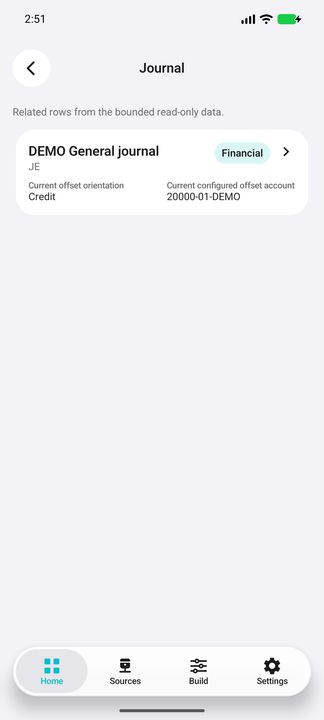 Actual current source-journal card: financial context and configured credit offset; setup, not a guaranteed posting counterpart. — Native Cifru DEMO, entirely fictional; representative scrollable dossiers. Not a real Sage/SQL Server test.