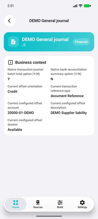 Current source-journal dossier: native options, reference type and configured offset account/description. — Native Cifru DEMO, entirely fictional; representative scrollable dossiers. Not a real Sage/SQL Server test.