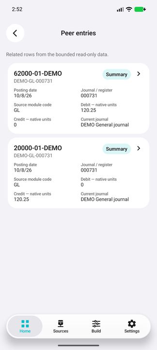 Actual separately scoped peer-posting list: own debit and credit entries for the exact source module, journal, register and original date. — Native Cifru DEMO, entirely fictional; representative scrollable dossiers. Not a real Sage/SQL Server test.