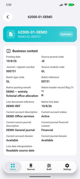 Own peer posting context, document/line references, native remark and current account/journal classification. — Native Cifru DEMO, entirely fictional; representative scrollable dossiers. Not a real Sage/SQL Server test.