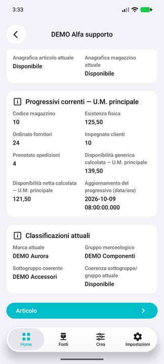 Dettaglio giacenza: disponibilità generica/netta, aggiornamento, classificazioni e accesso al dossier. — Cifru nativo, DEMO inventata; galleria rappresentativa. Non un test ERP reale.