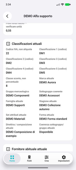 Dossier articolo: marca, gruppo, sottogruppo coerente, famiglia, stagione, attributi e composizione. — Cifru nativo, DEMO inventata; galleria rappresentativa. Non un test ERP reale.