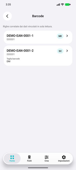 Percorso Barcode realmente aperto: due codici inventati con unità e taglia pertinenti. — Cifru nativo, DEMO inventata; galleria rappresentativa. Non un test ERP reale.