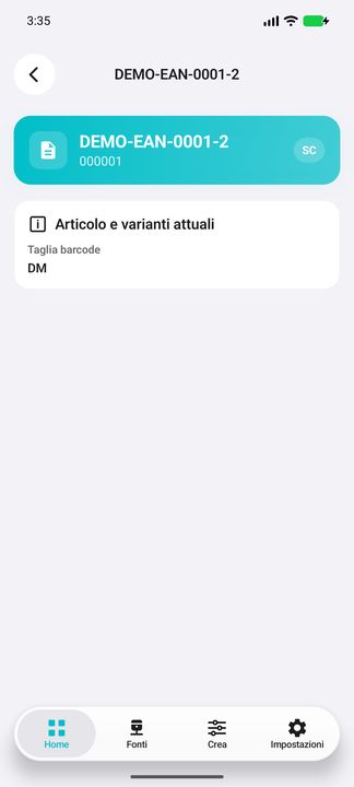 Dettaglio del secondo barcode: codice inventato, articolo, unità SC e taglia DM. — Cifru nativo, DEMO inventata; galleria rappresentativa. Non un test ERP reale.