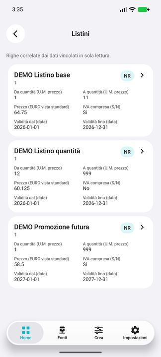 Percorso Listini: scaglioni, prezzo senza arrotondamento, IVA e date sintetiche. EURO riferito alla vista standard. — Cifru nativo, DEMO inventata; galleria rappresentativa. Non un test ERP reale.