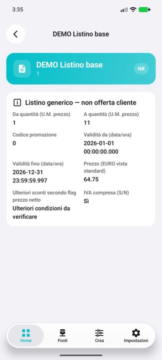 Dettaglio listino generico: quantità, promozione, validità con ora e millisecondi, prezzo, flag sconti e IVA. — Cifru nativo, DEMO inventata; galleria rappresentativa. Non un test ERP reale.