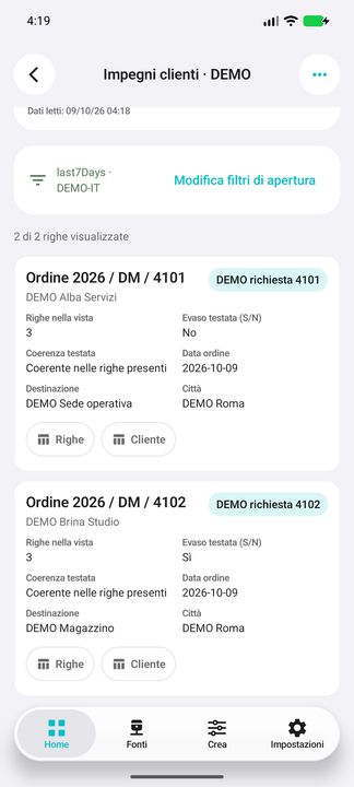 Card completi degli ordini DEMO: cliente, riferimento, stato, data, destinazione e pulsanti Righe/Cliente. — Cifru nativo, DEMO inventata; galleria rappresentativa. Non un test ERP reale.