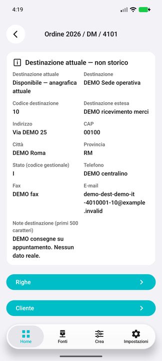 Destinazione, contatti e note attuali; i due pulsanti Righe e Cliente aprono dossier separati reali. — Cifru nativo, DEMO inventata; galleria rappresentativa. Non un test ERP reale.