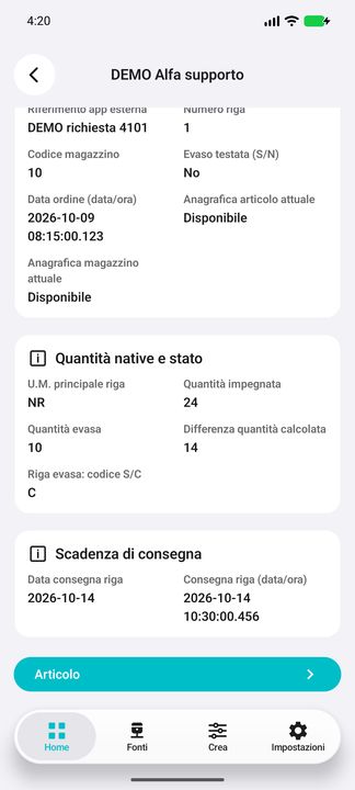 Quantità della riga, differenza non garantita consegnabile e termine con ora/millisecondi; pulsante Articolo. — Cifru nativo, DEMO inventata; galleria rappresentativa. Non un test ERP reale.