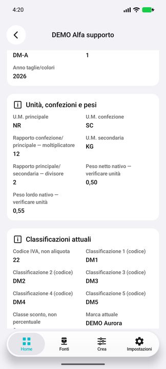 Unità, moltiplicatore/divisore, pesi nativi e classificazioni; il codice IVA non è una percentuale. — Cifru nativo, DEMO inventata; galleria rappresentativa. Non un test ERP reale.
