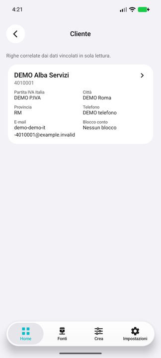 Vero dossier Cliente dall’ordine: codice, città/provincia, P.IVA DEMO, contatti e blocco conto. — Cifru nativo, DEMO inventata; galleria rappresentativa. Non un test ERP reale.