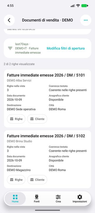 Card documento completi: selezione periodo/ditta/tipo, cliente, data, destinazione e pulsanti Righe/Cliente. — Cifru nativo, DEMO inventata; galleria rappresentativa. Non un test ERP reale.