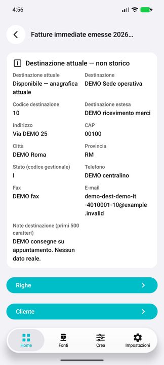 Destinazione completa e note inventate; Righe e Cliente aprono realmente i dossier separati. — Cifru nativo, DEMO inventata; galleria rappresentativa. Non un test ERP reale.