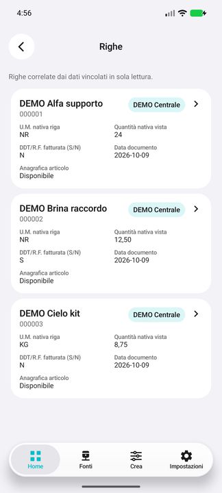 Vera lista Righe: quantità e U.M. native, flag DDT/R.F. fatturata S/N, data e disponibilità articolo. — Cifru nativo, DEMO inventata; galleria rappresentativa. Non un test ERP reale.