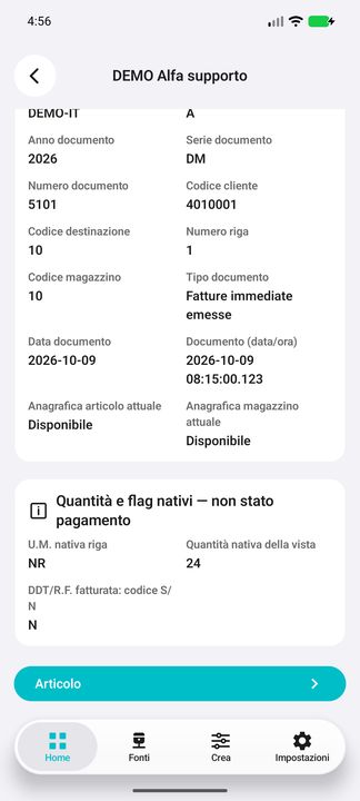 Quantità nativa della vista e flag DDT/R.F., non pagamento; pulsante Articolo realmente utilizzabile. — Cifru nativo, DEMO inventata; galleria rappresentativa. Non un test ERP reale.