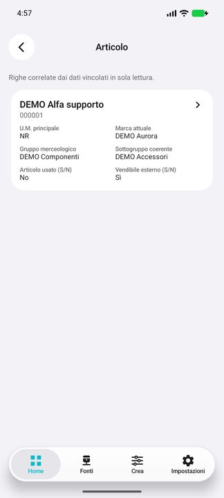 Vero dossier Articolo: descrizione, codice, U.M., marca, gruppo/sottogruppo e stati S/N. — Cifru nativo, DEMO inventata; galleria rappresentativa. Non un test ERP reale.