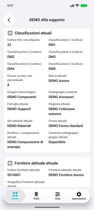 Classificazioni 1–5, marca, gruppo/sottogruppo, famiglia, stagione, set, forma e composizione. — Cifru nativo, DEMO inventata; galleria rappresentativa. Non un test ERP reale.