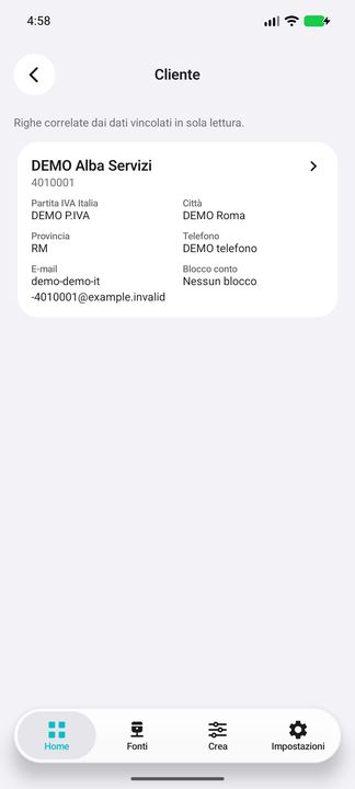 Vero dossier Cliente dal documento: codice, città/provincia, P.IVA DEMO, contatti e blocco conto. — Cifru nativo, DEMO inventata; galleria rappresentativa. Non un test ERP reale.