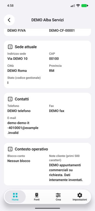 Sede, contatti, blocco e note complete del cliente: nessun saldo o importo finanziario inventato. — Cifru nativo, DEMO inventata; galleria rappresentativa. Non un test ERP reale.