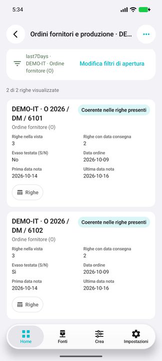 Card ordini completi: periodo/ditta/tipo, stato testata, righe e copertura delle date consegna; Righe reale. — Cifru nativo, DEMO inventata; galleria rappresentativa. Non un test ERP reale.