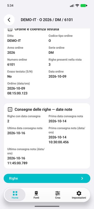 Date prima/ultima consegna NOTE nelle righe e conteggio copertura; nessuna promessa di ricevimento; Righe. — Cifru nativo, DEMO inventata; galleria rappresentativa. Non un test ERP reale.