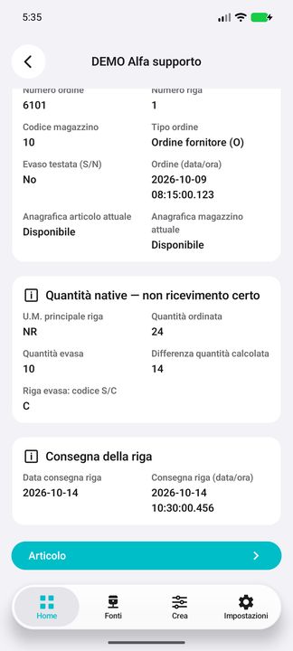 Quantità native e codice S/C, non ricevimento certo; consegna con ora/millisecondi e pulsante Articolo reale. — Cifru nativo, DEMO inventata; galleria rappresentativa. Non un test ERP reale.