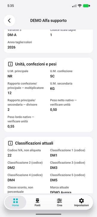 Unità, confezioni, rapporti moltiplicatore/divisore, pesi nativi e classificazioni; codice IVA, non aliquota. — Cifru nativo, DEMO inventata; galleria rappresentativa. Non un test ERP reale.