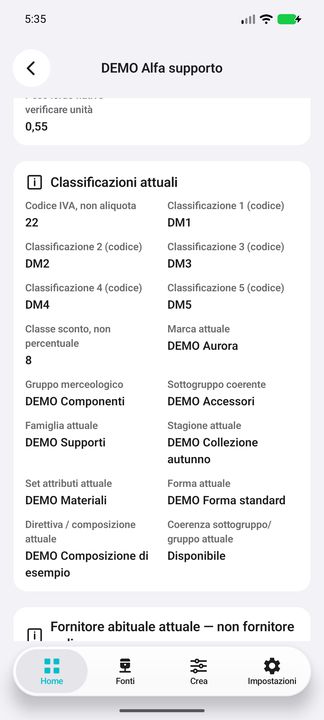 Classificazioni 1–5, marca, gruppo/sottogruppo, famiglia, stagione, set, forma e composizione attuali. — Cifru nativo, DEMO inventata; galleria rappresentativa. Non un test ERP reale.