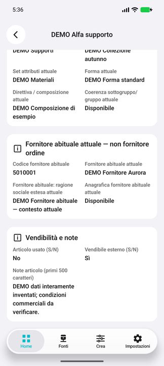 Continuazione finale: fornitore abituale NON fornitore ordine, vendibilità e note articolo complete inventate. — Cifru nativo, DEMO inventata; galleria rappresentativa. Non un test ERP reale.
