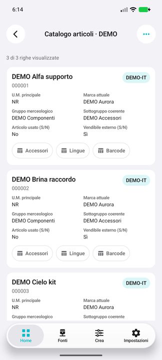 Card completo articolo con ditta, codice, stato, unità, marca e gruppo; tre pulsanti reali Accessori, Lingue e Barcode. — Cifru nativo, DEMO inventata; galleria rappresentativa. Non un test ERP reale.