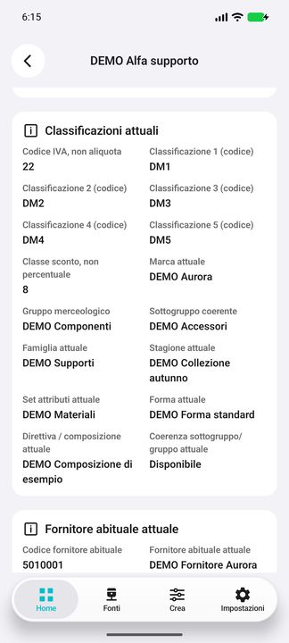 Articolo: classificazioni 1–5, marca, gruppo e sottogruppo, famiglia, stagione, set, forma e composizione. — Cifru nativo, DEMO inventata; galleria rappresentativa. Non un test ERP reale.