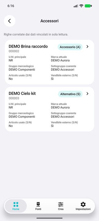 Lista Accessori reale: articolo associato, tipo A/S, articolo di origine e ditta; nessuna promessa di sostituibilità. — Cifru nativo, DEMO inventata; galleria rappresentativa. Non un test ERP reale.