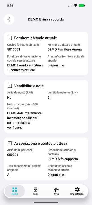 Dossier associato completo: note, vendibilità, ditta e codice origine distinti dal codice collegato; tipo A/S. — Cifru nativo, DEMO inventata; galleria rappresentativa. Non un test ERP reale.