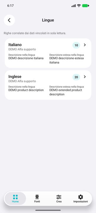Lista Lingue reale: descrizioni italiane e inglesi dello stesso articolo; codice lingua, non valuta. — Cifru nativo, DEMO inventata; galleria rappresentativa. Non un test ERP reale.
