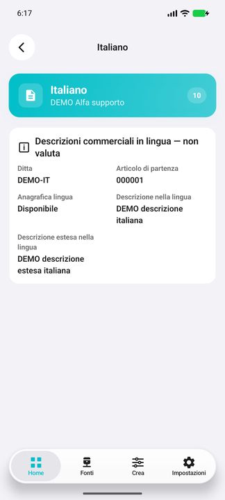 Dettagli lingua: codice 10, Italiano, descrizioni originali ed estese, ditta e articolo di origine. — Cifru nativo, DEMO inventata; galleria rappresentativa. Non un test ERP reale.
