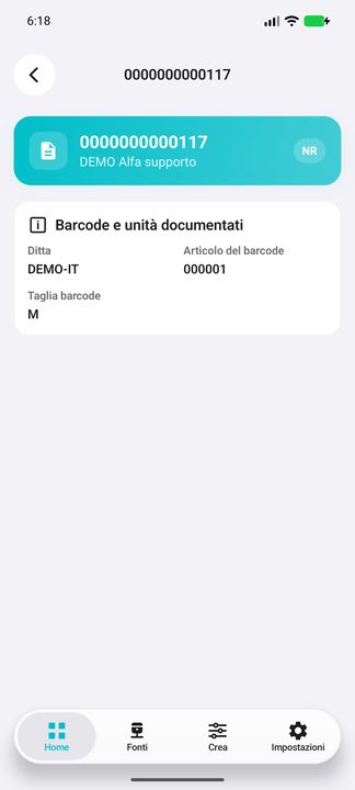 Dettagli barcode: zeri iniziali, unità NR, ditta, articolo e taglia; nessuna certificazione EAN. — Cifru nativo, DEMO inventata; galleria rappresentativa. Non un test ERP reale.