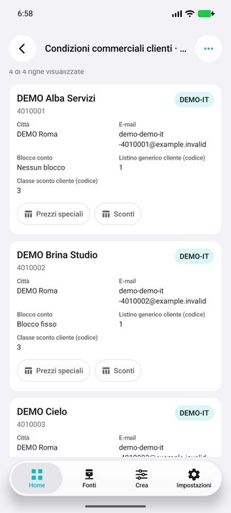 Card cliente completo: ditta, codice, contatti, blocco e riferimenti listino/classe; Prezzi speciali e Sconti reali. — Cifru nativo, DEMO inventata; galleria rappresentativa. Non un test ERP reale.