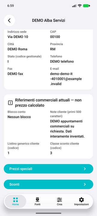 Continuazione cliente: note, listino e classe come codici, con i due pulsanti commerciali reali. — Cifru nativo, DEMO inventata; galleria rappresentativa. Non un test ERP reale.