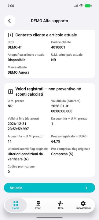 Prezzo speciale completo: validità, soglie, flag originali e promozione; percorso Articolo a richiesta. — Cifru nativo, DEMO inventata; galleria rappresentativa. Non un test ERP reale.