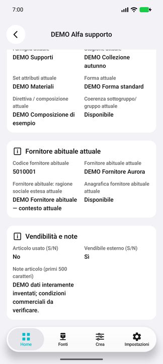 Articolo dal prezzo speciale. Fornitore abituale attuale con entrambe le ragioni sociali, vendibilità e note complete; non controparte ordine. — Cifru nativo, DEMO inventata; galleria rappresentativa. Non un test ERP reale.