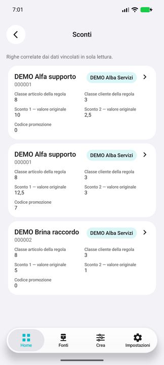 Vera lista Sconti per codice cliente esatto: classi della regola, valori originali e promozione; non sconti sommati. — Cifru nativo, DEMO inventata; galleria rappresentativa. Non un test ERP reale.