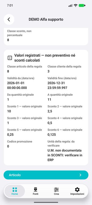 Continuazione finale sconto: sei valori originali, soglie/date, avviso U.M. completo e vero pulsante Articolo. — Cifru nativo, DEMO inventata; galleria rappresentativa. Non un test ERP reale.