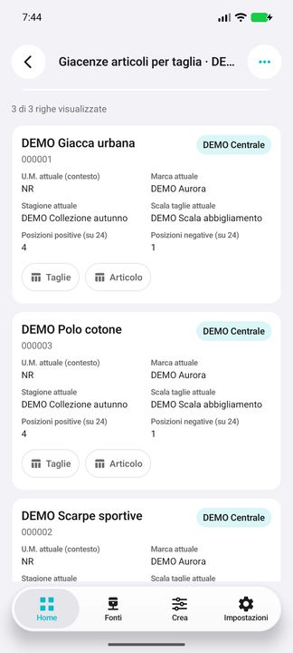 Card completo articolo/magazzino: marca, stagione, scala e conteggi di posizioni; Taglie e Articolo reali. — Cifru nativo, DEMO inventata; galleria rappresentativa. Non un test ERP reale.