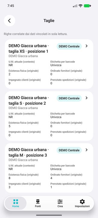 Vera lista Taglie: articolo e posizione con XS, S e M, quattro quantit� originali e controllo barcode. — Cifru nativo, DEMO inventata; galleria rappresentativa. Non un test ERP reale.
