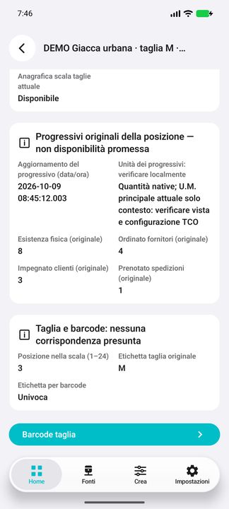 Taglia M con articolo DEMO persistente: quantit� originali, posizione, etichetta univoca e percorso Barcode taglia. — Cifru nativo, DEMO inventata; galleria rappresentativa. Non un test ERP reale.