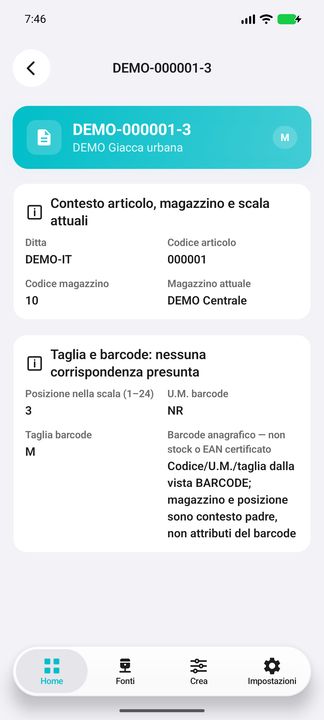 Barcode taglia completo con ditta/articolo e contesto padre magazzino/posizione; nessuna equivalenza EAN o U.M. presunta. — Cifru nativo, DEMO inventata; galleria rappresentativa. Non un test ERP reale.